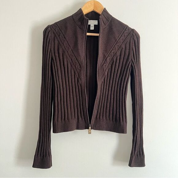 St. John Collection Brown Ribbed Zip-Front Sweater Jacket Size P (Small petite) - Picture 3 of 7